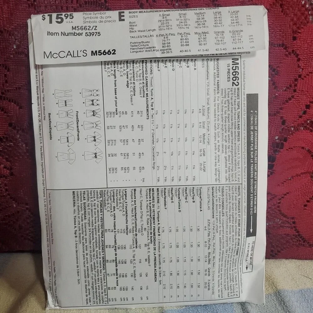 McCalls Z L-XL Sewing‎ Pattern M5662 Womens Multi Top Tunic Dress DIY Style 2008